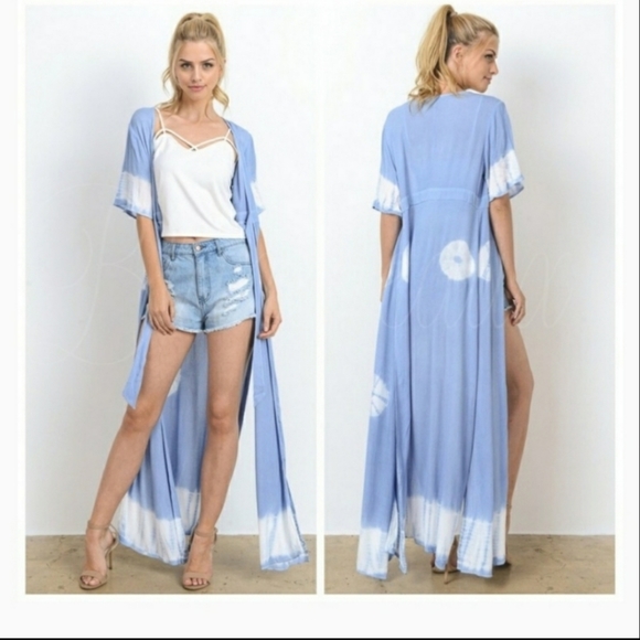 Maxi Kimono Cover Up Wrap Blue White Tie-Dye - Picture 1 of 3